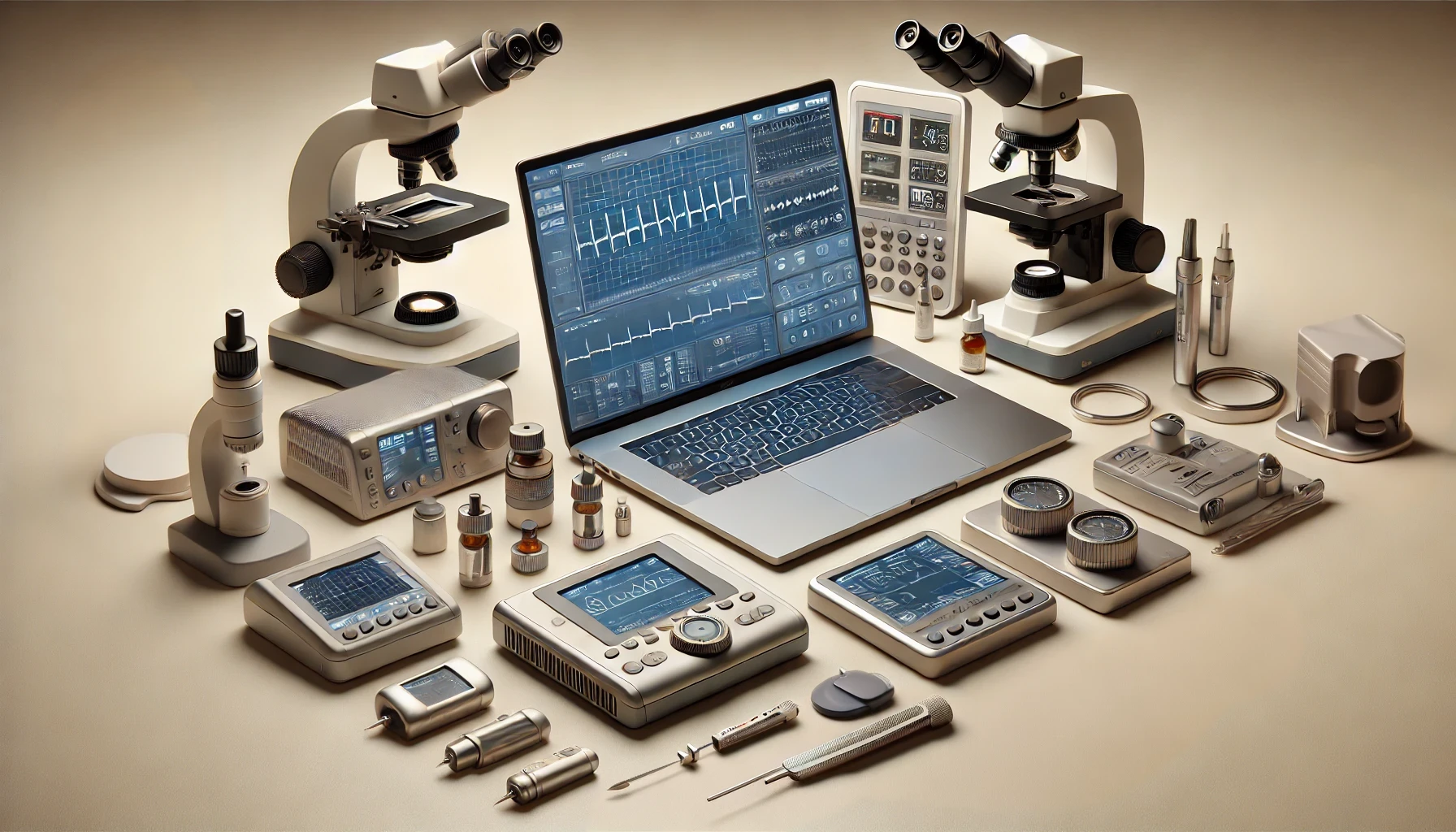 顕微鏡や測定器、ノートパソコンなどの精密機器が並ぶ研究環境のイメージ